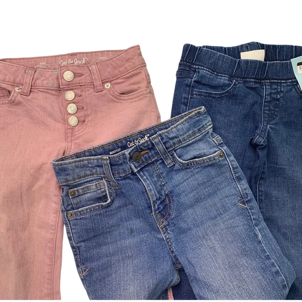 3 New Cat & Jack Girls Size 5 Cotton Blend Flare Boot Cut Distressed Denim Jeans